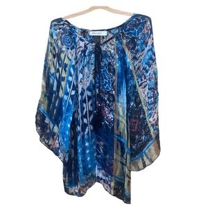Bohemian Sheer Silk Tunic Top Abstract‎ Print Tassel Tie Fairy Blouse Size L